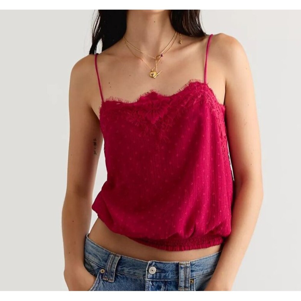 Free People Sunflare Cami Cropped Tank Blouse Top Swiss Dot Smocked XS 291459